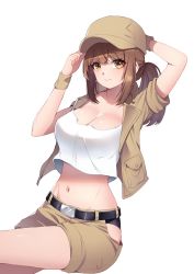Rule 34 | 1girl, arm up, baseball cap, belt, black panties, breasts, brown eyes, brown hair, brown hat, brown jacket, brown shorts, cleavage, crop top, crop top overhang, fio germi, hand on headwear, hand up, hat, highres, hip vent, jacket, large breasts, long hair, looking at viewer, metal slug, midriff, navel, open clothes, open jacket, panties, panty peek, ponytail, shirt, short shorts, short sleeves, shorts, sidelocks, simple background, smile, solo, stomach, thighs, ugwa, underwear, white background, white shirt, wrist cuffs