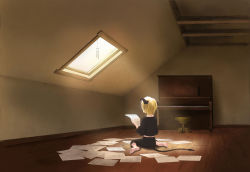 Rule 34 | 1girl, androgynous, attic, barefoot, blonde hair, child, demon tail, female focus, green theme, horns, indoors, instrument, lonely, muted color, original, piano, piano bench, rh, roomscape, sheet music, short hair, solo, tail, upright piano, window