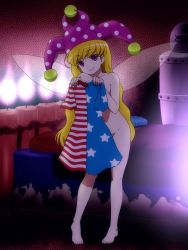 Rule 34 | 1girl, american flag dress, bed, blonde hair, candle, clownpiece, dress, fairy wings, full body, groin, hat, highres, jester cap, long hair, looking at viewer, navel, nude, pink eyes, shirosato, smile, solo, standing, touhou, unworn dress, very long hair, wings