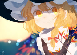 Rule 34 | 1girl, abukawa honpo, blonde hair, blurry, blurry background, blush, braid, branch, closed mouth, hair ribbon, hat, highres, kirisame marisa, long hair, puffy sleeves, red ribbon, ribbon, signature, smile, solo, touhou, upper body, witch hat, yellow eyes