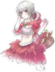 Rule 34 | 1girl, basket, closed mouth, ejami, flower, hair ornament, hood, little red riding hood, looking at viewer, midriff, original, red eyes, rose, short hair, simple background, solo, white background, white hair