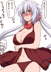 Rule 34 | &gt;:), 10s, 1girl, alternate costume, babydoll, bare arms, bare shoulders, blush, bow, breast hold, breasts, cleavage, closed mouth, grey eyes, hair between eyes, hair bow, large breasts, looking at viewer, low twintails, navel, nose blush, panties, pink bow, red babydoll, red panties, senki zesshou symphogear, silver hair, solo focus, stomach, sweat, tobisawa, translation request, trembling, twintails, underwear, v-shaped eyebrows, yukine chris