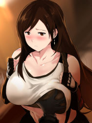 Rule 34 | 1girl, bare shoulders, black gloves, black skirt, black tank top, blush, grabbing another&#039;s breast, breasts, brown eyes, brown hair, cafekun, clenched hands, closed mouth, collarbone, commentary request, earrings, elbow gloves, final fantasy, final fantasy vii, final fantasy vii remake, fingerless gloves, from above, gloves, grabbing, highres, jewelry, large breasts, long hair, midriff, miniskirt, shirt, skirt, suspender skirt, suspenders, tank top, taut clothes, taut shirt, tifa lockhart, white tank top