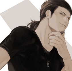 Rule 34 | 10s, 1boy, black hair, closed mouth, curry gohan, facial hair, from below, from side, fuyushima shinji, hand on own chin, jewelry, light particles, looking at viewer, low ponytail, male focus, pendant, shade, shirt, solo, stroking own chin, stubble, t-shirt, upper body, world trigger, aged down