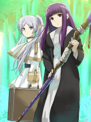 Rule 34 | 2girls, absurdres, belt, black robe, capelet, dated, day, elf, fern (sousou no frieren), frieren, gold trim, green eyes, grey hair, highres, holding, holding luggage, holding staff, holding suitcase, multiple girls, outdoors, pointy ears, purple eyes, purple hair, robe, shirt, skirt, sousou no frieren, staff, suitcase, white capelet, white shirt, white skirt, y.kami nao/take