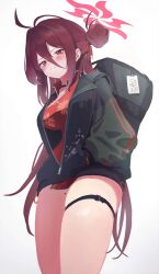 Rule 34 | 1girl, absurdres, backpack, bag, bare legs, black jacket, blue archive, china dress, chinese clothes, dress, halo, higashigure, highres, jacket, looking at viewer, red eyes, red hair, red halo, reijo (blue archive), simple background, solo, twitter logo, white background
