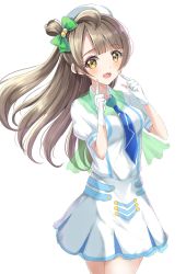 Rule 34 | 1girl, :d, beret, blue necktie, blush, bow, breasts, brown eyes, brown hair, commentary request, fingerless gloves, gloves, green bow, hair bow, hands up, hat, highres, long hair, looking at viewer, love live!, love live! school idol project, minami kotori, necktie, one side up, open mouth, pleated skirt, puffy short sleeves, puffy sleeves, shirt, short sleeves, simple background, sin (sin52y), skirt, small breasts, smile, solo, very long hair, white background, white gloves, white hat, white shirt, white skirt, wonderful rush