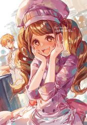 Rule 34 | 1boy, 1girl, ?, apron, artist name, blonde hair, blush, brown hair, buttons, charlotte pudding, chef hat, curly eyebrows, drill hair, facial hair, girikashi43, goatee, hair over one eye, hat, heart, heart-shaped pupils, highres, long hair, one piece, open mouth, parted bangs, pink shirt, sanji (one piece), shirt, short hair, sidelocks, smile, spoken question mark, swept bangs, symbol-shaped pupils, teeth, twin drills, twintails, upper teeth only, white shirt