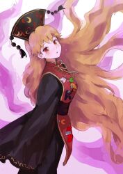 Rule 34 | 1girl, black dress, black headwear, blush, breasts, chinese clothes, crying, crying with eyes open, dress, highres, himuhino, junko (touhou), long hair, medium breasts, open mouth, orange hair, phoenix crown, red eyes, sleeves past fingers, sleeves past wrists, solo, tabard, tears, touhou, wide sleeves