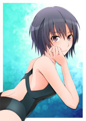 Rule 34 | 1girl, amagami, bare shoulders, black hair, competition swimsuit, female focus, gradient background, hand on own face, kishida-shiki, looking at viewer, nanasaki ai, one-piece swimsuit, pink eyes, short hair, smile, solo, swimsuit