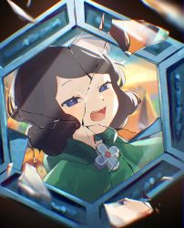 Rule 34 | 1girl, black hair, blue eyes, breaking, broken mirror, cape, child, curly hair, green cape, highres, looking at viewer, machida 0906, medium hair, miranjo, mirror, missing tooth, open mouth, ousama ranking, reflection, solo