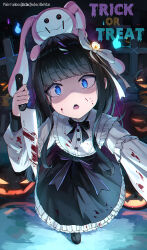 Rule 34 | black bow, black footwear, black hair, black skirt, blood, blood on clothes, bloody knife, blue eyes, bow, commentary request, frilled shirt, frilled skirt, frills, glowing, hair bow, halloween, highres, holding, holding knife, jack-o&#039;-lantern, knife, liclac, long hair, long sleeves, looking at viewer, on head, open mouth, original, puffy long sleeves, puffy sleeves, shaded face, shirt, shoes, skirt, solo, stuffed animal, stuffed rabbit, stuffed toy, trick or treat, very long hair, white bow, white shirt