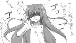 Rule 34 | 1girl, anger vein, bare arms, bare shoulders, blindfold, closed mouth, collar, collarbone, dress, greyscale, hair between eyes, hand up, highres, long hair, monochrome, neon-tetora, original, pointy ears, simple background, sleeveless, sleeveless dress, solo, translation request, v-shaped eyebrows, very long hair, wavy mouth, white background