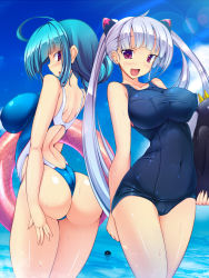 Rule 34 | 2girls, ass, blue hair, blush, breasts, cameltoe, cleft of venus, competition swimsuit, covered erect nipples, hair ornament, highres, impossible clothes, impossible swimsuit, innertube, large breasts, long hair, multiple girls, one-piece swimsuit, open mouth, original, purple eyes, school swimsuit, short hair, silver hair, smile, swim ring, swimsuit, torisan, twintails, wet