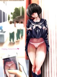 Rule 34 | 1girl, black hair, black serafuku, bob cut, brown eyes, closed mouth, clothes lift, day, exhibitionism, glasses, happy valentine, lifted by self, looking at viewer, neckerchief, original, outdoors, panties, pov, pov hands, public indecency, rimless eyewear, school uniform, serafuku, short hair, skirt, skirt lift, smile, solo focus, souryu, taking picture, thighs, underwear, valentine, white panties