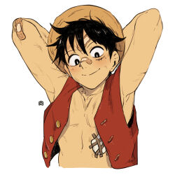 Rule 34 | 1boy, akr29, armpits, arms behind head, arms up, bandaid, bandaid on arm, bandaid on chest, bandaid on face, bandaid on forehead, bandaid on nose, bare pectorals, black eyes, black hair, cropped torso, dirty, dirty face, facial scar, hat, highres, looking down, male focus, monkey d. luffy, one piece, open clothes, open vest, pectorals, red vest, scar, scar on cheek, scar on face, scratches, short hair, simple background, smile, solo, straw hat, vest, white background