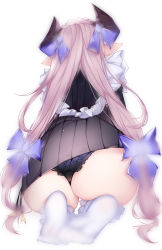 Rule 34 | 1921494015, 1girl, absurdres, apron, ass, black panties, braid, crown braid, draph, frilled panties, frills, from behind, granblue fantasy, highres, horn ornament, horn ribbon, horns, lace, lace panties, long hair, low-tied long hair, low twintails, narmaya (granblue fantasy), no pants, no shoes, panties, pink hair, pointy ears, ribbon, seiza, simple background, sitting, soles, solo, sweater, twintails, underwear, very long hair, white background, white legwear