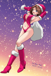 Rule 34 | 1girl, azumi (girls und panzer), blue eyes, breasts, brown hair, choker, christmas, full body, girls und panzer, gloves, hat, holding, holding sack, large breasts, looking at viewer, matsui yasutsugu, one-hour drawing challenge, panties, red footwear, red panties, sack, santa costume, santa hat, signature, simple background, solo, star (symbol), starry background, underwear