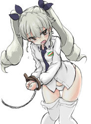 Rule 34 | 10s, 1girl, anchovy (girls und panzer), assisted exposure, bdsm, blush, bondage, bound, bound wrists, clothes pull, days135, dress shirt, drill hair, embarrassed, emblem, girls und panzer, green hair, hair ribbon, highres, long hair, long sleeves, minimini, necktie, no pants, panties, pantyhose, pantyhose pull, red eyes, ribbon, rope, school uniform, shirt, simple background, sketch, solo, standing, tearing up, thigh gap, twin drills, twintails, underwear, wavy mouth, white background, white panties, white pantyhose, white shirt