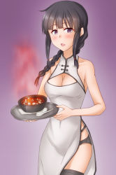 Rule 34 | 1girl, alternate costume, anti (untea9), black hair, black panties, blunt bangs, bowl, braid, breasts, china dress, chinese clothes, cleavage, dress, food, garter belt, gradient background, hair over shoulder, hair ribbon, highres, holding, holding tray, kantai collection, kitakami (kancolle), large breasts, long hair, looking at viewer, mapo tofu, panties, pelvic curtain, purple background, purple eyes, ribbon, sidelocks, single braid, solo, spoon, tray, tress ribbon, underwear, white dress
