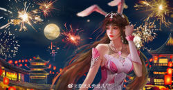 Rule 34 | 1girl, absurdres, animal ears, ba bo er benbo er, brown hair, building, clothing cutout, collar, douluo dalu, dress, fireworks, hair ornament, highres, lantern, long hair, looking to the side, metal collar, night, pink dress, rabbit ears, solo, upper body, xiao wu (douluo dalu)