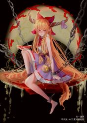 Rule 34 | 1girl, absurdres, barefoot, blush, bow, bright pupils, chain, closed mouth, cuffs, cup, full-face blush, full body, gourd, hair bow, highres, holding, horn ornament, horn ribbon, horns, ibuki suika, long hair, looking at viewer, low-tied long hair, neckerchief, oni, oni horns, orange hair, pointy ears, purple ribbon, purple skirt, red bow, red eyes, red neckerchief, ribbon, sakazuki, shackles, shirt, sitting, skirt, sleeveless, sleeveless shirt, smile, solo, touhou, very long hair, white pupils, white shirt, yitanyan