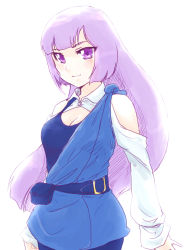 Rule 34 | 1girl, blue dress, breasts, cleavage, closed mouth, dress, gundam, gundam zz, long hair, looking at viewer, pants, purple eyes, purple hair, roux louka, simple background, smile, solo, spring rain, white background