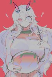 Rule 34 | 1girl, apron, blue eyes, breasts, commentary, barghest (fate), fate/grand order, fate (series), fork, hair between eyes, head tilt, holding, holding ladle, holding plate, holding tray, huge breasts, knife, ladle, limited palette, long hair, plate, red background, red eyes, sketch, solo, symbol-only commentary, tan (inka), tray