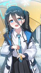 Rule 34 | 1girl, :d, absurdres, aris (blue archive), beanowl, black hair, black skirt, blue archive, blue eyes, blue necktie, blurry, coat, collared shirt, commentary request, depth of field, hair between eyes, halo, highres, holding, holding umbrella, ice crystal, long bangs, long hair, long sleeves, looking at viewer, necktie, one side up, open clothes, open coat, open mouth, outdoors, pleated skirt, pocket, school uniform, shirt, sidelocks, skirt, smile, snowing, solo, umbrella, white shirt