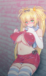 Rule 34 | 1futa, aya shobon, bad id, bad pixiv id, blonde hair, blush, bow, breasts, bulge, covered erect nipples, elbow gloves, full-package futanari, futanari, gloves, green eyes, hair bobbles, hair bow, hair ornament, highres, large breasts, miniskirt, navel, original, panties, pointy ears, puffy nipples, scarf, sex toy, skirt, solo, striped clothes, striped panties, striped thighhighs, thighhighs, twintails, underwear, vibrator, white gloves