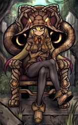 Rule 34 | 1girl, absurdres, black pantyhose, blonde hair, brown footwear, brown jacket, brown necktie, brown skirt, closed mouth, collared jacket, collared shirt, commission, crossed arms, crossed legs, day, detached hood, full body, glowing clothes, glowing headgear, hair between eyes, high collar, highres, hood, hood up, indoors, jacket, kemono friends, king cobra (kemono friends), long hair, long sleeves, microskirt, multicolored hair, multicolored necktie, nazo no diaboro, necktie, orange shirt, overgrown, pantyhose, pink hair, pink necktie, pleated skirt, ringed eyes, shirt, shoes, sitting, skirt, smile, snake tail, solo, tail, tan, throne, twintails, two-tone hair, two-tone necktie, two-tone neckwear, very long hair, wing collar, yellow eyes