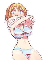 Rule 34 | 1girl, alice margatroid, blonde hair, blue bra, blue panties, blush, bow, bow bra, bow panties, bra, breasts, cleavage, hairband, kuresento, large breasts, looking at viewer, navel, panties, short hair, simple background, solo, touhou, underwear, undressing, white background