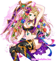 Rule 34 | 1girl, akari1205, armpits, blonde hair, blush, boots, bow, breasts, cleavage, cleavage cutout, clothing cutout, company name, flower, green eyes, hair flower, hair ornament, hand on own knee, long hair, midriff, nail polish, navel, official art, parted lips, ponytail, revealing clothes, romance of the three kingdoms, sangoku infinity, sitting, sleeveless, solo, sword, thighhighs, tian yu (sangoku infinity), very long hair, weapon