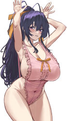 Rule 34 | 1girl, absurdres, antenna hair, apron, armpits, black hair, blush, breasts, cleavage, covered navel, female focus, frilled apron, frills, hair ribbon, high school dxd, highres, himejima akeno, large breasts, long hair, looking at viewer, naked apron, nuo (fttv3255), ponytail, purple eyes, rabbit pose, ribbon, sideboob, simple background, solo, white background, yellow ribbon