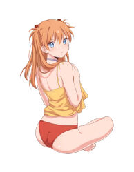 Rule 34 | 1girl, artist request, bare legs, barefoot, blue eyes, blush, breasts, brown hair, clothes lift, crossed legs, dress, dress lift, lifting own clothes, long hair, looking back, medium breasts, neon genesis evangelion, panties, red panties, shiny skin, simple background, sitting, solo, souryuu asuka langley, sundress, underwear, wide hips, yellow dress