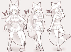 Rule 34 | 3girls, ;d, absurdres, animal ears, arctic fox (kemono friends), bow, bowtie, capelet, character name, commentary, crossed legs, fox ears, fox tail, hands on own hips, highres, japari symbol, kanzakietc, kemono friends, long hair, multiple girls, one eye closed, open mouth, pale fox (kemono friends), pleated skirt, salute, silver fox (kemono friends), simple background, sketch, skirt, smile, spot color, standing, standing on one leg, tail, translated, very long hair, yellow eyes