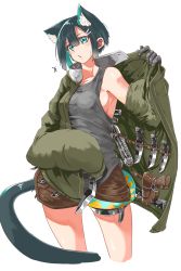 Rule 34 | 1girl, animal ear fluff, animal ears, armpits, black hair, blouse, blue hair, breasts, brown shorts, cat ears, cat tail, coat, gloves, green coat, grey skirt, gun, hair between eyes, hair ornament, hairclip, handgun, highres, holding, holding knife, holster, knife, looking at viewer, medium breasts, multicolored hair, original, shirt, short hair, short shorts, shorts, skirt, sleeveless, sleeveless shirt, solo, standing, tail, trench coat, two-tone hair, weapon, white background, yunimaru