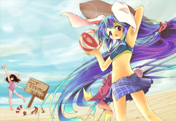 2girls animal_ears artist_request bad_id bad_pixiv_id ball beach beachball bikini bikini_top_only casual_one-piece_swimsuit female_focus gradient_hair inaba_tewi lens_flare long_hair multicolored_hair multiple_girls navel one-piece_swimsuit plaid_clothes plaid_sarong rabbit_ears rabbit_girl rabbit_tail reisen_udongein_inaba sarong sports_bikini swimsuit tail touhou zico