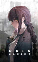 Rule 34 | 1girl, absurdres, bijian de linghun, black jacket, black necktie, black suit, braid, braided ponytail, breasts, chainsaw man, character name, city, closed mouth, collared shirt, commentary, dress shirt, english commentary, from side, hair between eyes, highres, jacket, long hair, long sleeves, looking at viewer, makima (chainsaw man), medium breasts, necktie, open clothes, open jacket, outdoors, profile, rain, red hair, ringed eyes, shirt, sidelocks, solo, suit, upper body, white shirt, wing collar, yellow eyes