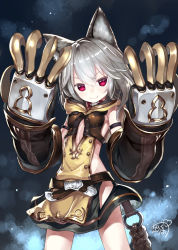 Rule 34 | 10s, 1girl, animal ears, animal hands, bad id, bad pixiv id, bare shoulders, blush, capriccio, claw (weapon), claws, commentary request, detached sleeves, dress, erune, fang, female focus, gloves, granblue fantasy, hair between eyes, hibanar, long hair, looking at viewer, paw gloves, red eyes, sen (granblue fantasy), silver hair, skirt, smile, solo, weapon
