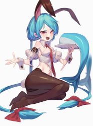 Rule 34 | 1girl, absurdres, animal ears, black pantyhose, blue hair, detached collar, detached sleeves, fake animal ears, feet, female focus, highres, lying, midriff, monster girl, navel, necktie, on side, open mouth, original, pantyhose, puffy short sleeves, puffy sleeves, rabbit ears, rabbit tail, red eyes, sb lama, severed tail, shark girl, sharp teeth, short sleeves, simple background, solo, strapless, tail, teeth, toes, twintails, white background