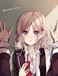 Rule 34 | 10s, 1boy, 1girl, against wall, bite mark, blonde hair, blood, blush, bow, bowtie, curly hair, diabolik lovers, dripping, flower, hair ornament, hairpin, hand on own chest, ichinose (sorario), jacket, komori yui, looking at viewer, loose clothes, open mouth, out of frame, petite, pink eyes, rejet, school uniform, solo focus, twitter username, unbuttoned, uniform, vampire