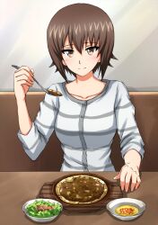 Rule 34 | 1girl, booth seating, bowl, brown eyes, brown hair, casual, closed mouth, commentary, curry, food, girls und panzer, grey shirt, highres, holding, holding spoon, indoors, light blush, long sleeves, looking at viewer, nishizumi maho, omachi (slabco), plate, saizeriya, shirt, short hair, smile, solo, spoon, striped clothes, striped shirt, table