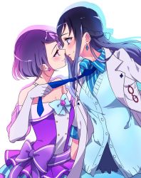 Rule 34 | 2girls, :o, bad id, bad twitter id, bare shoulders, blue eyes, blue hair, blue necktie, blue shirt, blush, bow, closed mouth, collared shirt, couple, dokidoki! precure, dress, earrings, elbow gloves, eye contact, formal, glasses, gloves, hair ornament, half updo, hishikawa rikka, imminent kiss, jewelry, kenzaki makoto, lab coat, long hair, looking at another, multiple girls, neck, necklace, necktie, necktie grab, neckwear grab, negom, off-shoulder dress, off shoulder, open mouth, pearl necklace, precure, pulling, purple bow, purple dress, purple eyes, purple hair, shirt, short hair, simple background, smile, spade (shape), spade earrings, striped clothes, striped shirt, sweatdrop, unworn eyewear, white background, white gloves, yuri