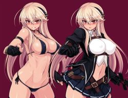 Rule 34 | 1girl, belt, bikini, black bikini, black gloves, blonde hair, blush, breasts, cleavage, clenched teeth, dual persona, covered erect nipples, gauntlets, gloves, holding, holding sword, holding weapon, large breasts, lilia (null), long hair, midriff, navel, null (nyanpyoun), original, parted lips, pleated skirt, pointy ears, purple background, red eyes, side-tie bikini bottom, simple background, skirt, sweatdrop, swimsuit, sword, teeth, weapon