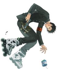 Rule 34 | 1boy, armband, black hair, black jacket, black pants, blood, blood on face, cross-laced footwear, debris, drinking straw, dropping, finger on trigger, full body, glasses, gun, handgun, highres, holding, holding gun, holding weapon, holster, inline skates, jacket, jewelry, juice box, jumping, long sleeves, looking away, male focus, original, outstretched arm, pants, parted lips, ring, roller skates, short hair, simple background, sirokomamaru, skates, solo, thigh holster, weapon, white background, white footwear