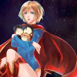 Rule 34 | 1girl, alien, blonde hair, blue eyes, cape, dc comics, flying, kryptonian, leotard, power girl, red cape, red footwear, s shield, shoes, solo, stuffed animal, stuffed toy, superboy, supergirl, superman, superman (series), toy