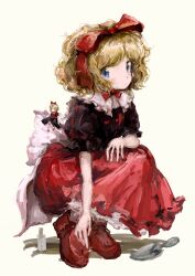 Rule 34 | 2girls, absurdres, black skirt, blonde hair, blue eyes, blush, bow, bubble skirt, frilled shirt, frilled shirt collar, frilled sleeves, frills, hair ribbon, highres, looking at viewer, medicine melancholy, multiple girls, puffy short sleeves, puffy sleeves, red bow, red footwear, red ribbon, red shirt, ribbon, shirt, short hair, short sleeves, si toyaka, skirt, squatting, su-san, touhou, wavy hair, wings