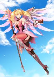 Rule 34 | 1girl, alternate eye color, alternate hairstyle, arm ribbon, armor, bare shoulders, blonde hair, blue sky, breasts, cleavage, cloud, criss-cross halter, day, dress, finger on trigger, fingerless gloves, fingernails, flying, full body, gloves, greaves, gun, hair ribbon, halo, halterneck, handgun, highres, holding, holding gun, holding staff, holding weapon, kuzunue, leg up, looking to the side, mechanical halo, mechanical wings, medium breasts, medium hair, mercy (overwatch), nail polish, nose, official alternate costume, open mouth, outdoors, overwatch, overwatch 1, pelvic curtain, pink dress, pink gloves, pink lips, pink mercy, pink nails, pink ribbon, pink thighhighs, pink wings, pistol, red eyes, ribbon, sky, solo, spread wings, staff, thighhighs, twintails, weapon, wings