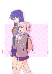 Rule 34 | 2girls, backpack, bag, blue eyes, blue hair, blush, collared shirt, commentary request, cover, cover page, doki doki literature club, english text, from side, hair ornament, hair ribbon, hairclip, long hair, long sleeves, looking at another, multiple girls, murai shinobu, natsuki (doki doki literature club), open mouth, pink hair, profile, red eyes, red ribbon, ribbon, school uniform, shirt, short hair, smile, socks, white legwear, yuri (doki doki literature club)